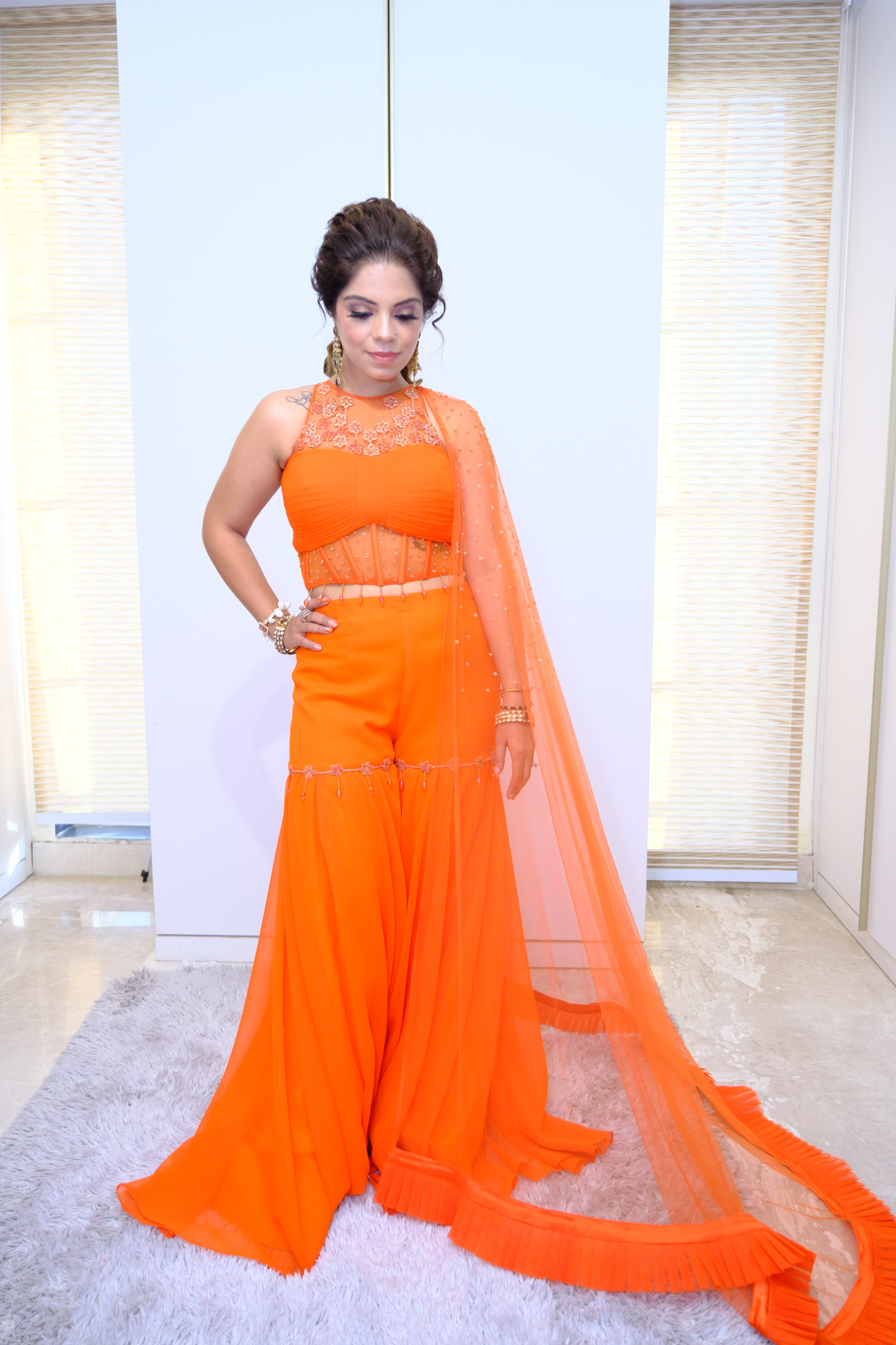 Orange Georgette Gharara Choli – Hand-Embroidered Wedding & Festive Wear for Women