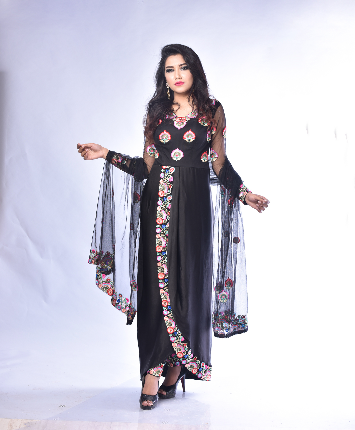 Ishita - Black Suit with Embroidered Pants & Sheer Net Sleeves – Elegant Ethnic Set | Mystiquee Closet