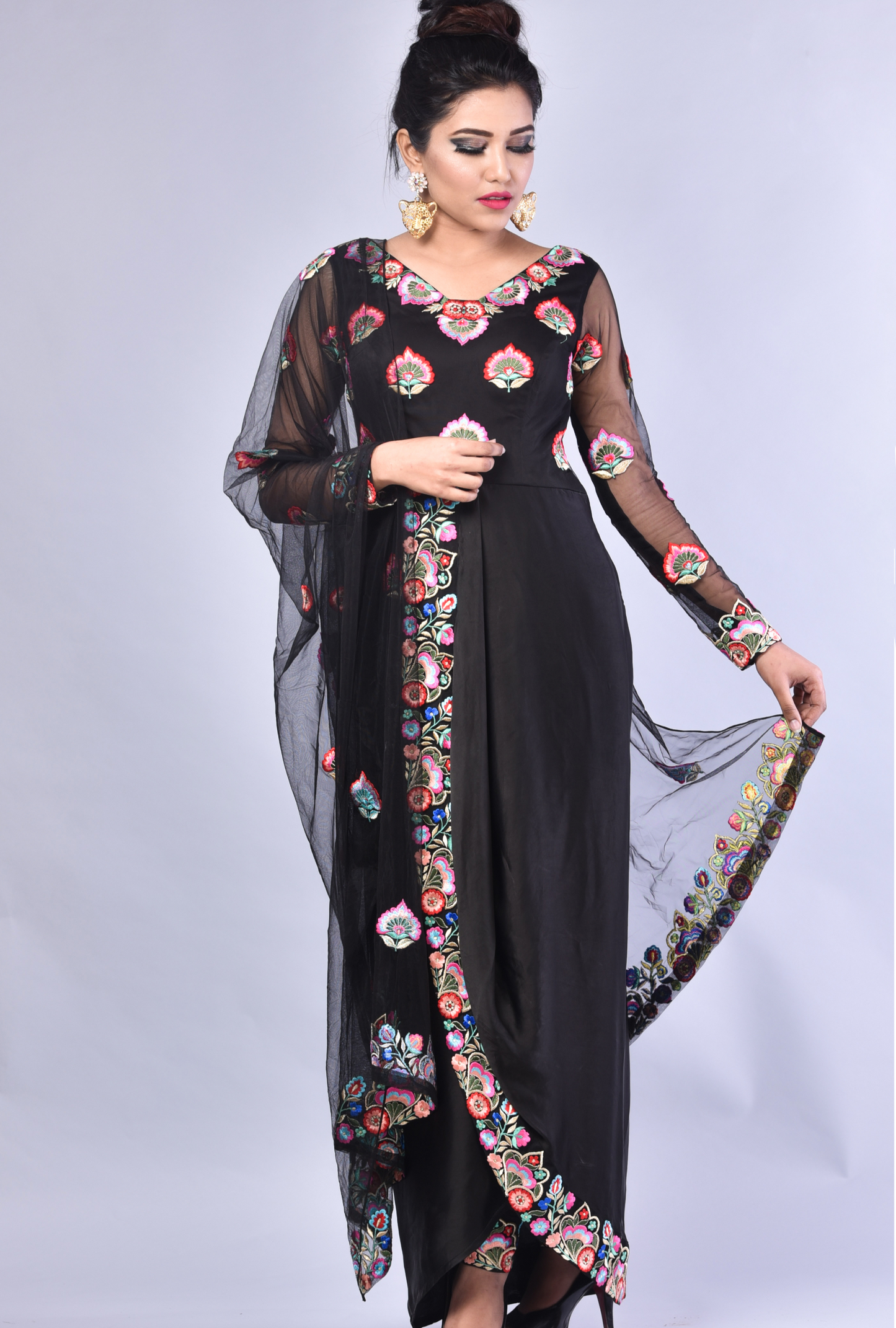 Ishita - Black Suit with Embroidered Pants & Sheer Net Sleeves – Elegant Ethnic Set | Mystiquee Closet