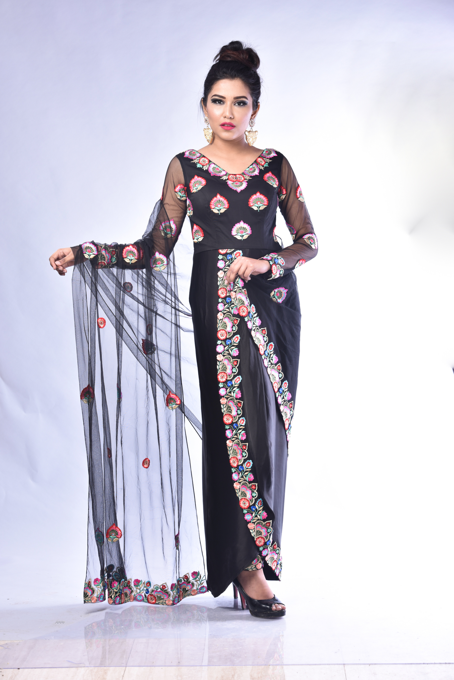 Ishita - Black Suit with Embroidered Pants & Sheer Net Sleeves – Elegant Ethnic Set | Mystiquee Closet