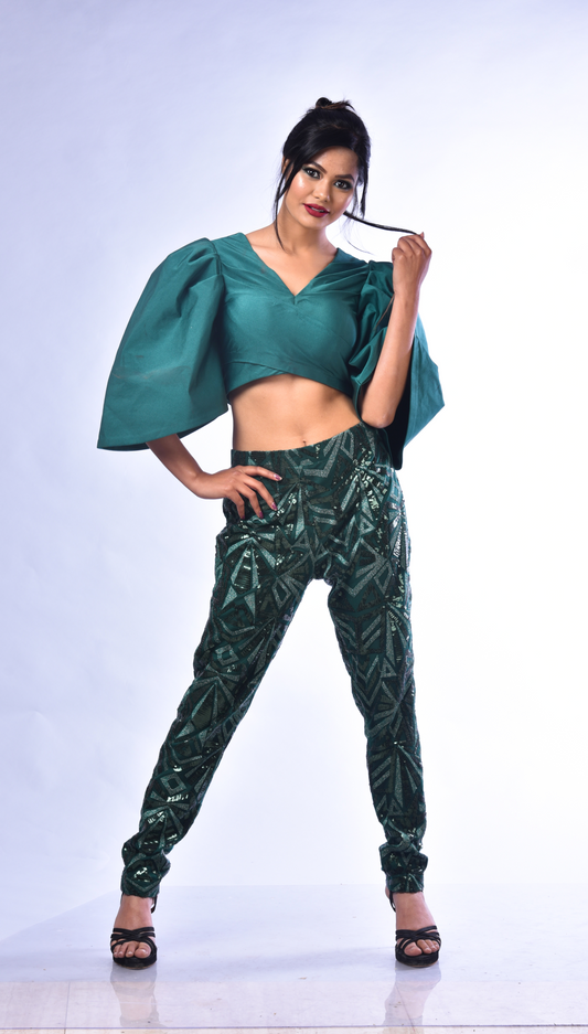 Nooran - Embroidered Crop Top & Pants Set – Dramatic Elevator Sleeves | MYSTIQUEE CLOSET