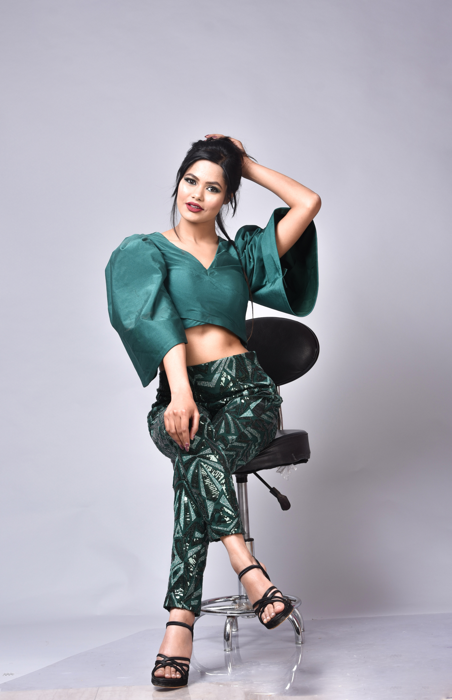 Nooran - Embroidered Crop Top & Pants Set – Dramatic Elevator Sleeves | MYSTIQUEE CLOSET