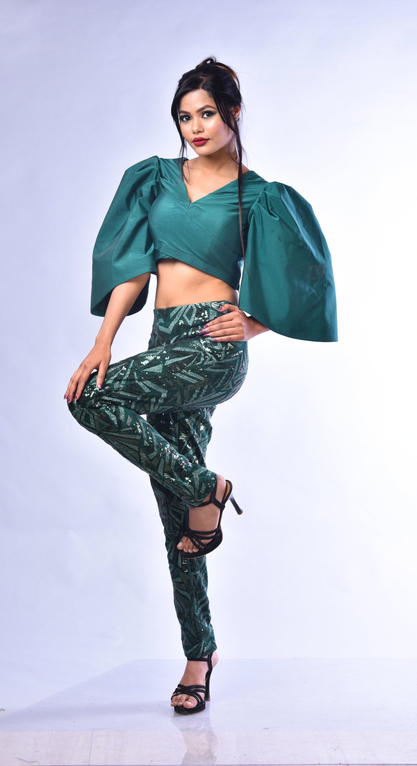 Nooran - Embroidered Crop Top & Pants Set – Dramatic Elevator Sleeves | MYSTIQUEE CLOSET