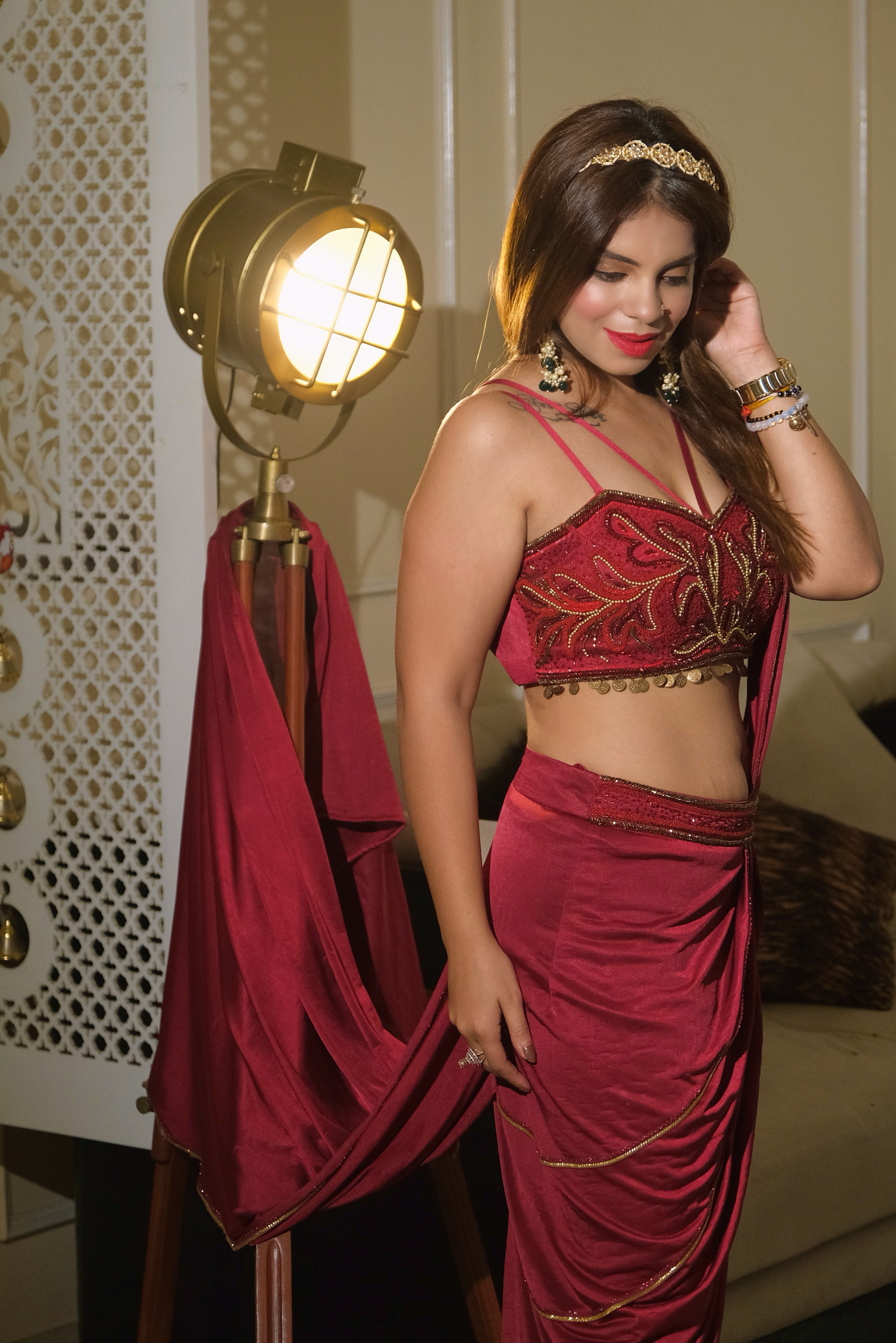 Scarlet Grace red drape saree – ready-to-wear pre-stitched saree for women’s glam occasions