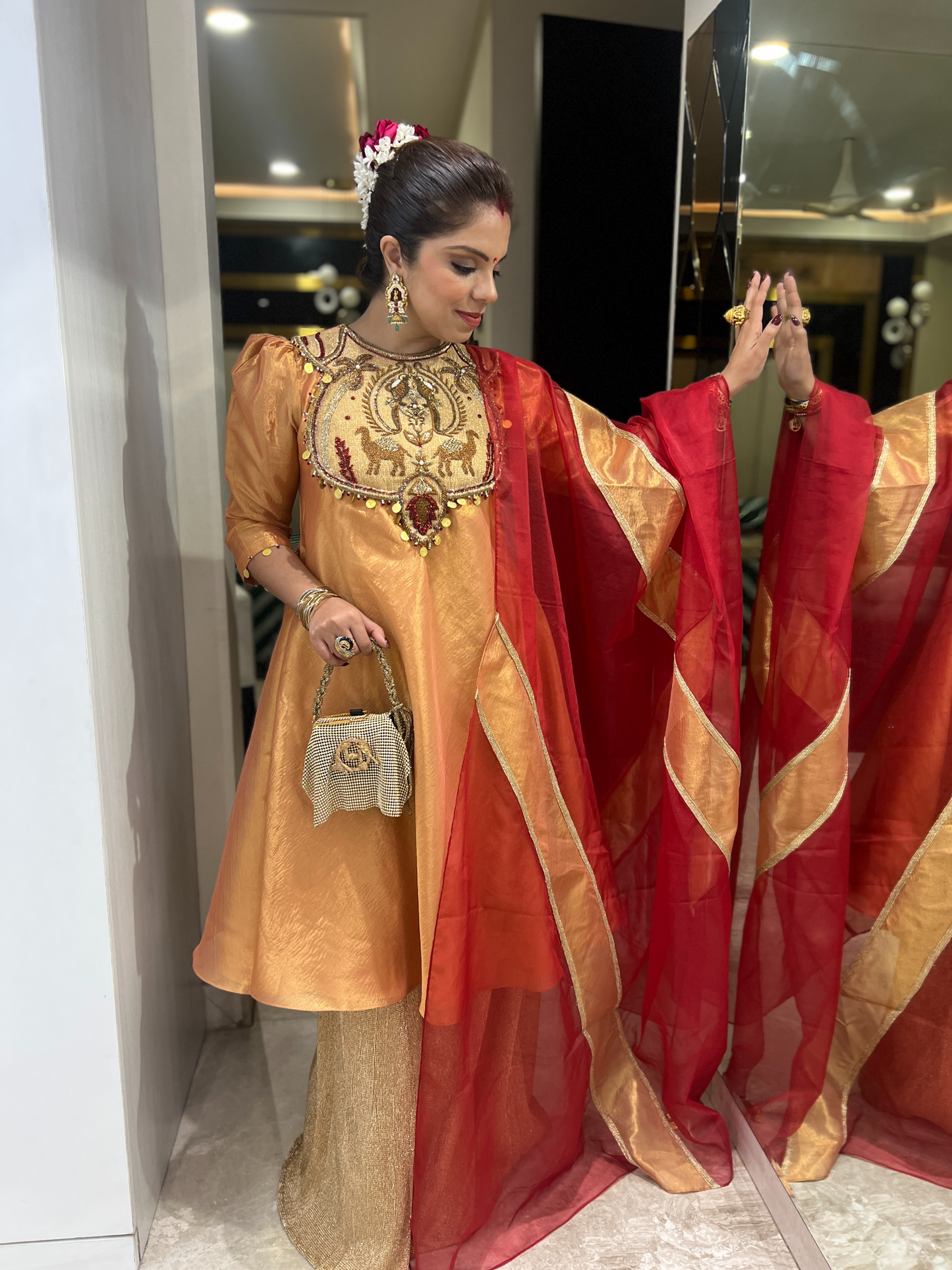 Surkh Jazba: Anarkali embroidered Sharara Set with Red Dupatta