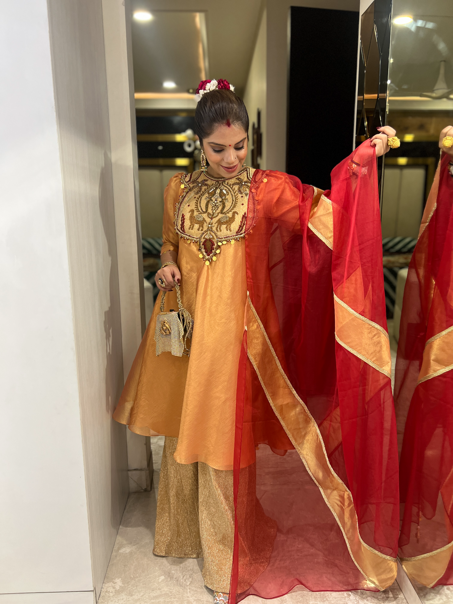 Surkh Jazba: Anarkali embroidered Sharara Set with Red Dupatta