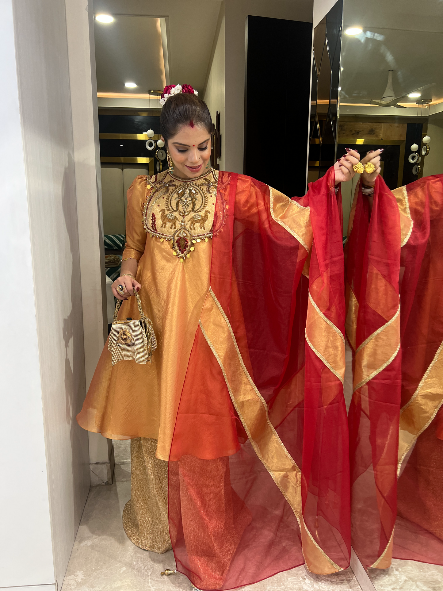 Surkh Jazba: Anarkali embroidered Sharara Set with Red Dupatta