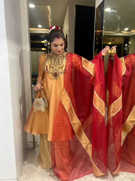 Surkh Jazba: Anarkali embroidered Sharara Set with Red Dupatta