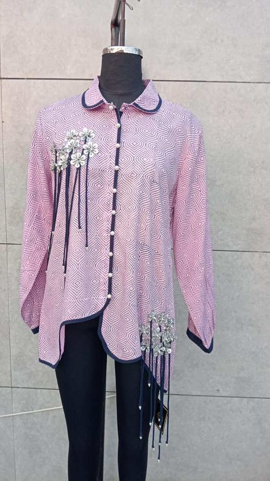 Block Printed Embroidered Shirt for Women – Stylish & Comfortable Casual Wear