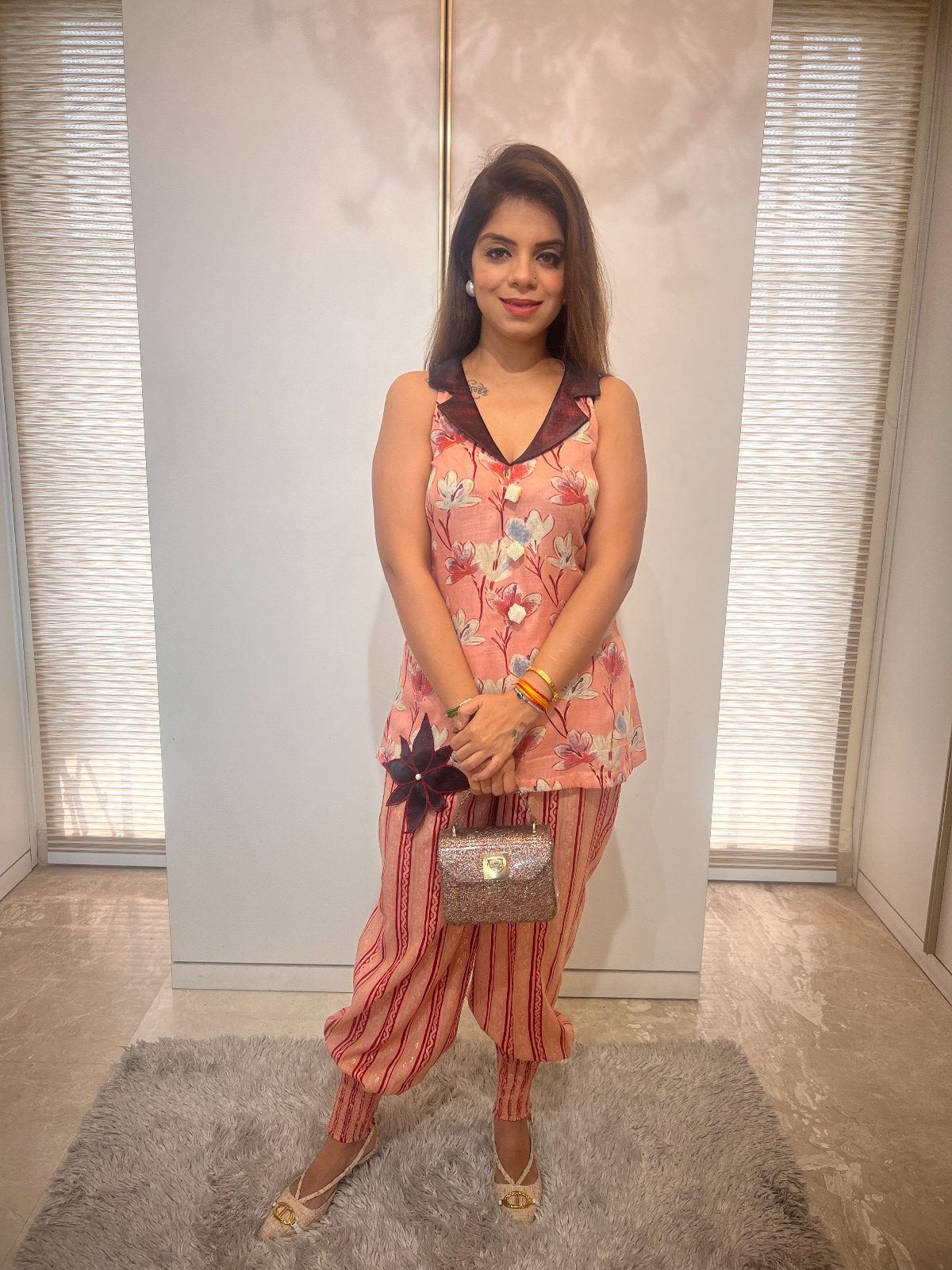 Floral Peach Co-ord Set with Metallic Accents – Elegant Two-Piece for Women