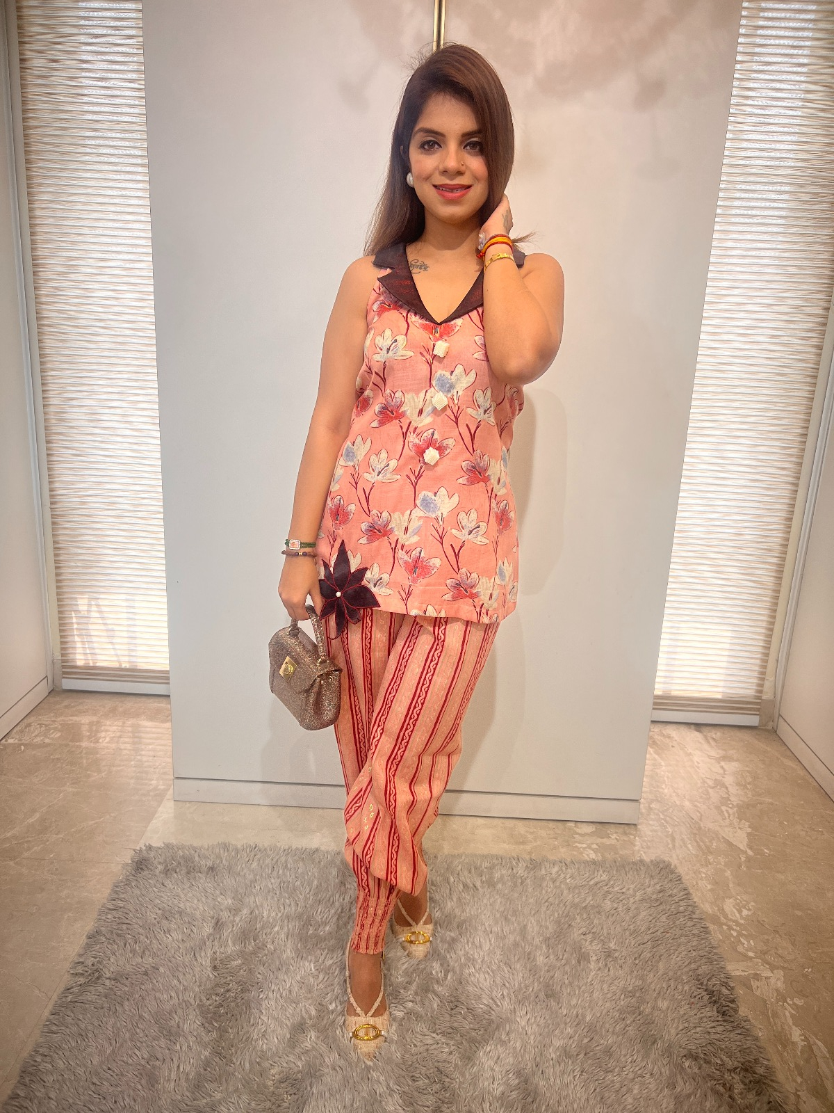 Floral Peach Co-ord Set with Metallic Accents – Elegant Two-Piece for Women