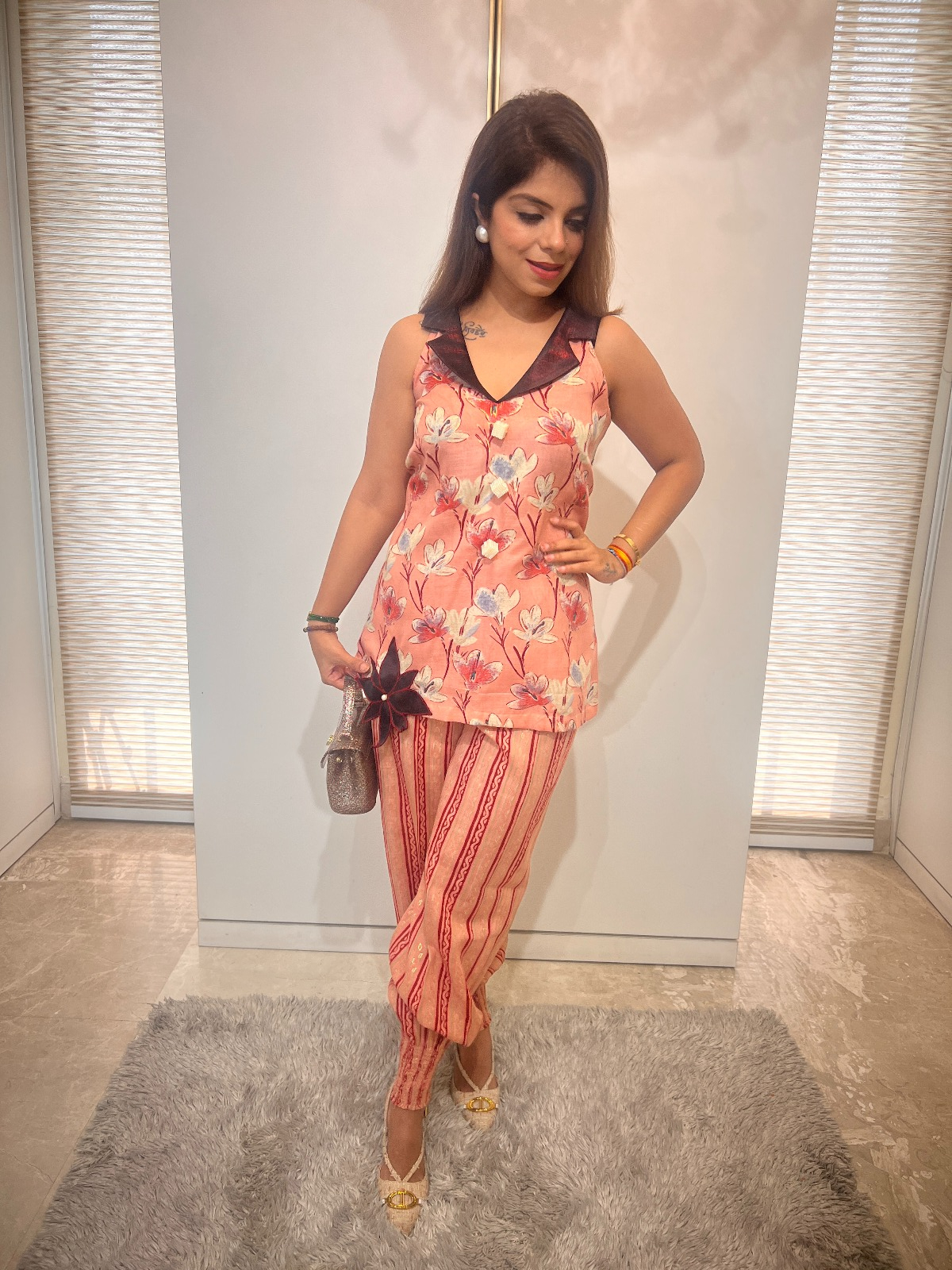 Floral Peach Co-ord Set with Metallic Accents – Elegant Two-Piece for Women