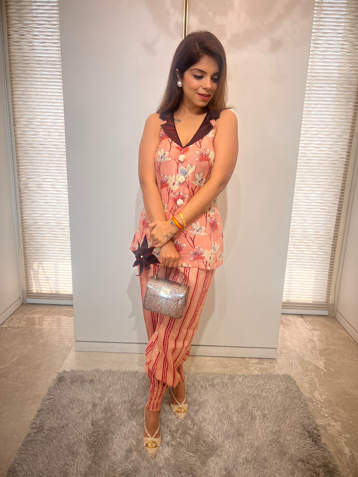 Floral Peach Co-ord Set with Metallic Accents – Elegant Two-Piece for Women