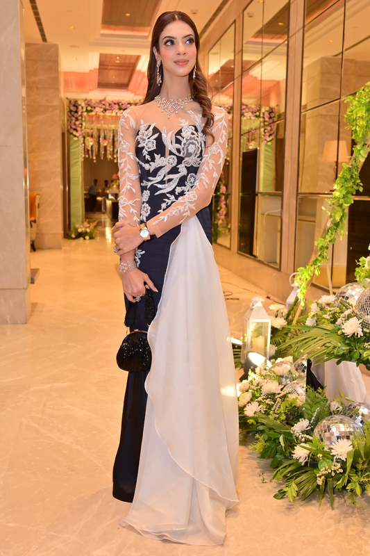 Noir & Pearl Symphony : Classic Black & White Gown with Delicate Embroidery