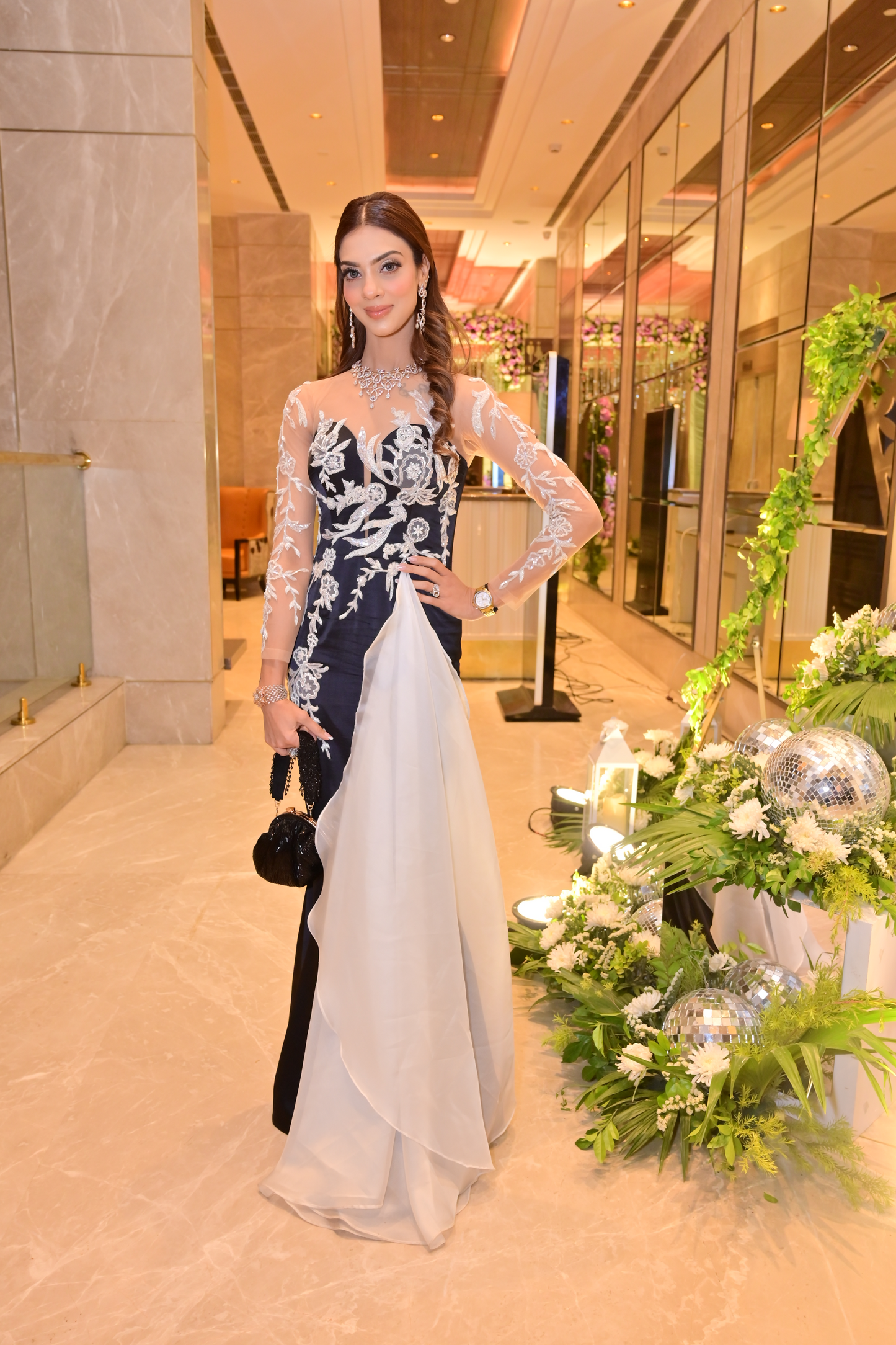 Noir & Pearl Symphony : Classic Black & White Gown with Delicate Embroidery