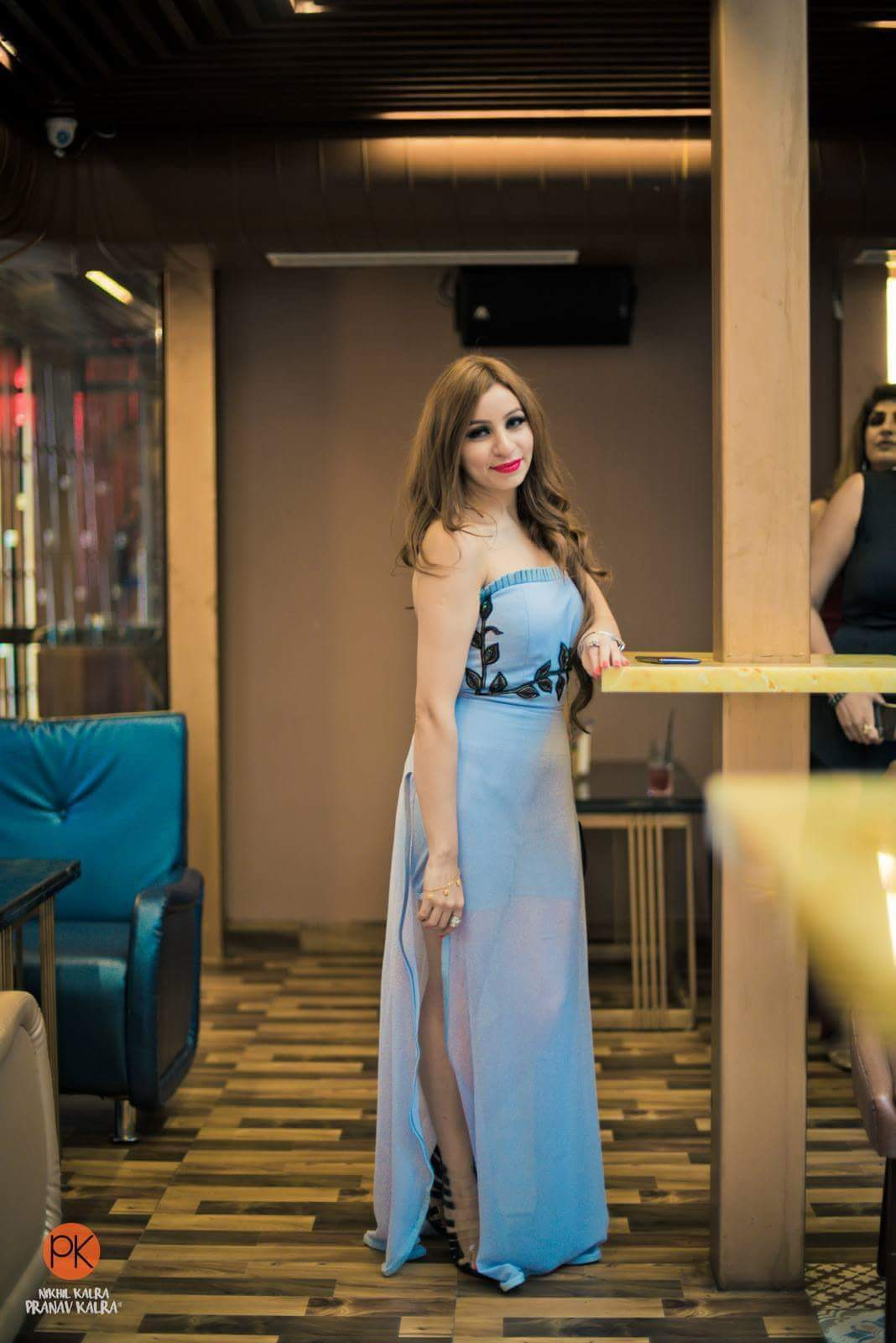 Whispering Blue: Chic Strapless Dress with Floral Embroidery & Flowy Silhouette
