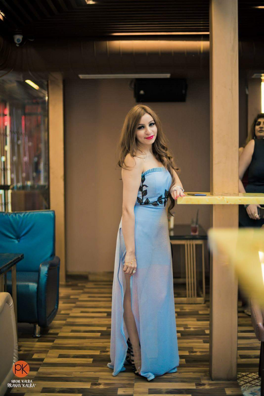 Whispering Blue: Chic Strapless Dress with Floral Embroidery & Flowy Silhouette