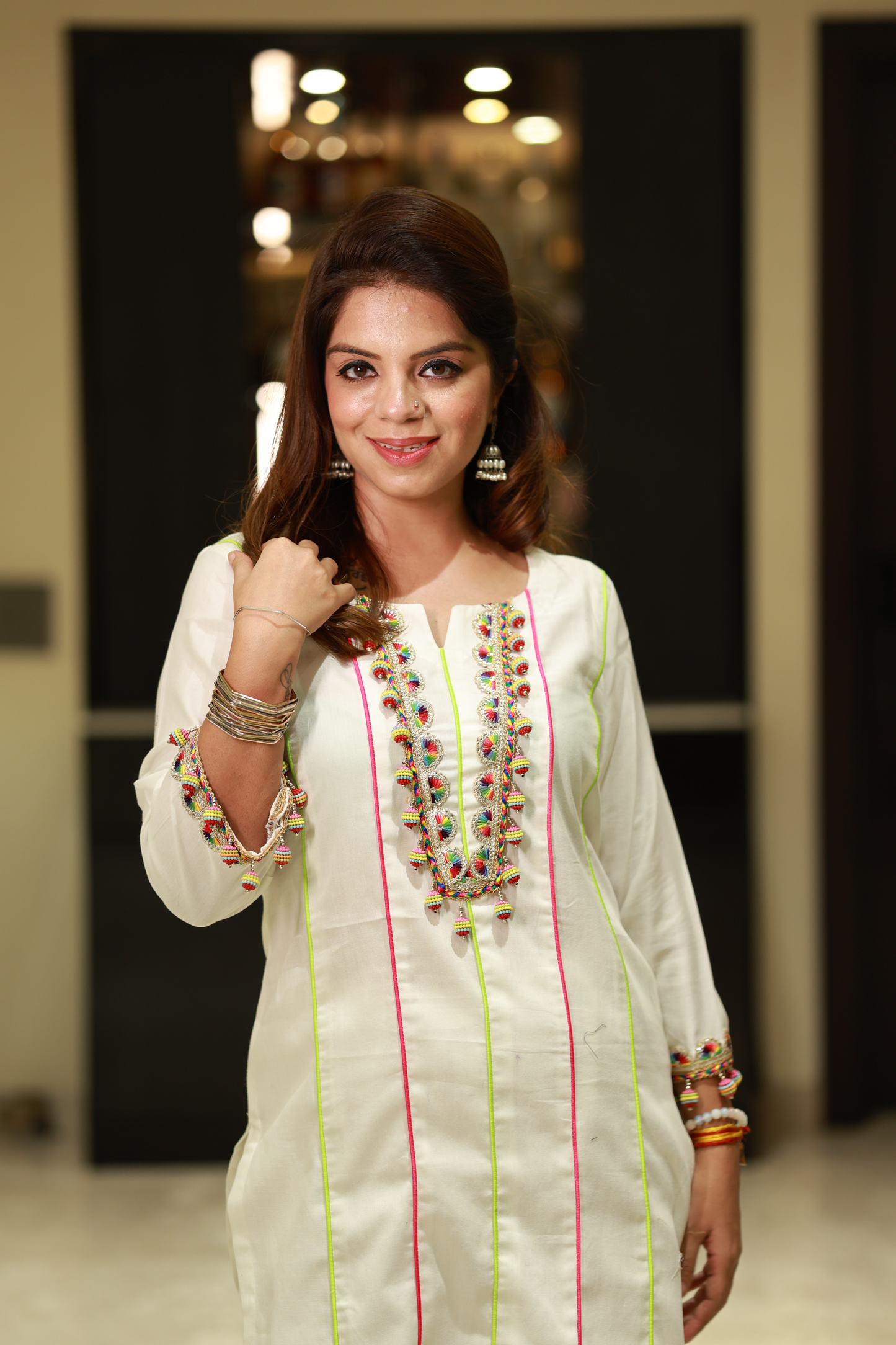 Cotton white co-ord set with ball lace trim – summer-ready two-piece outfit for women