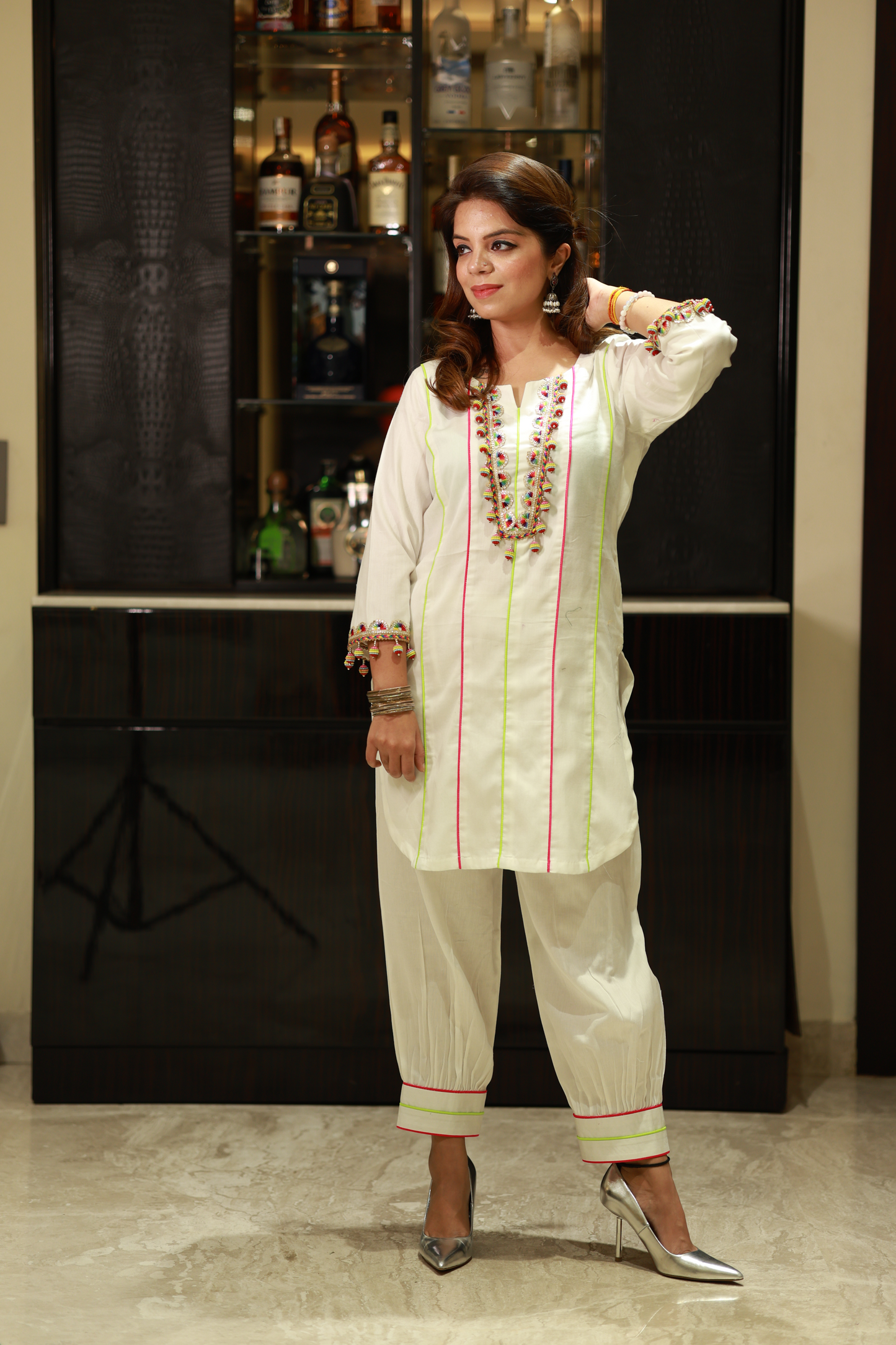 Cotton white co-ord set with ball lace trim – summer-ready two-piece outfit for women