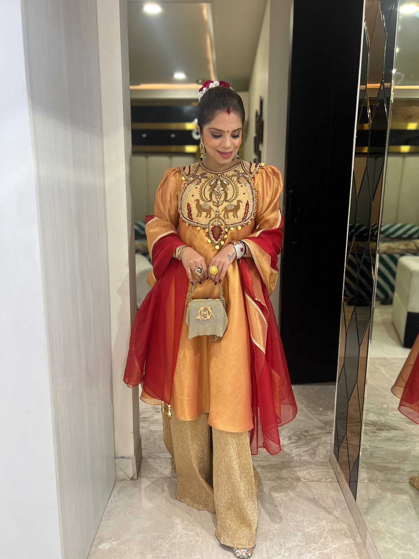 Surkh Jazba: Anarkali embroidered Sharara Set with Red Dupatta