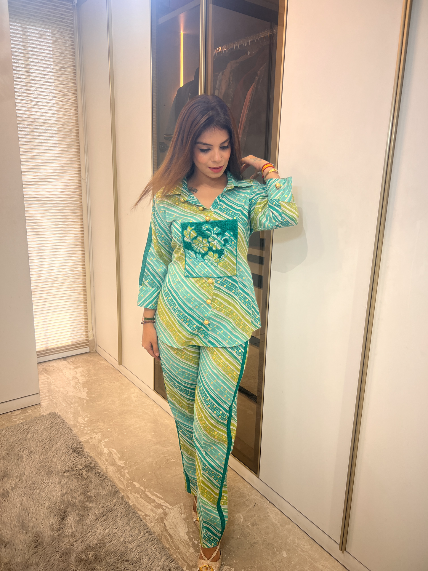 Trendy shimmer appliqué sea green co-ord set for women – party and eveningwear outfit