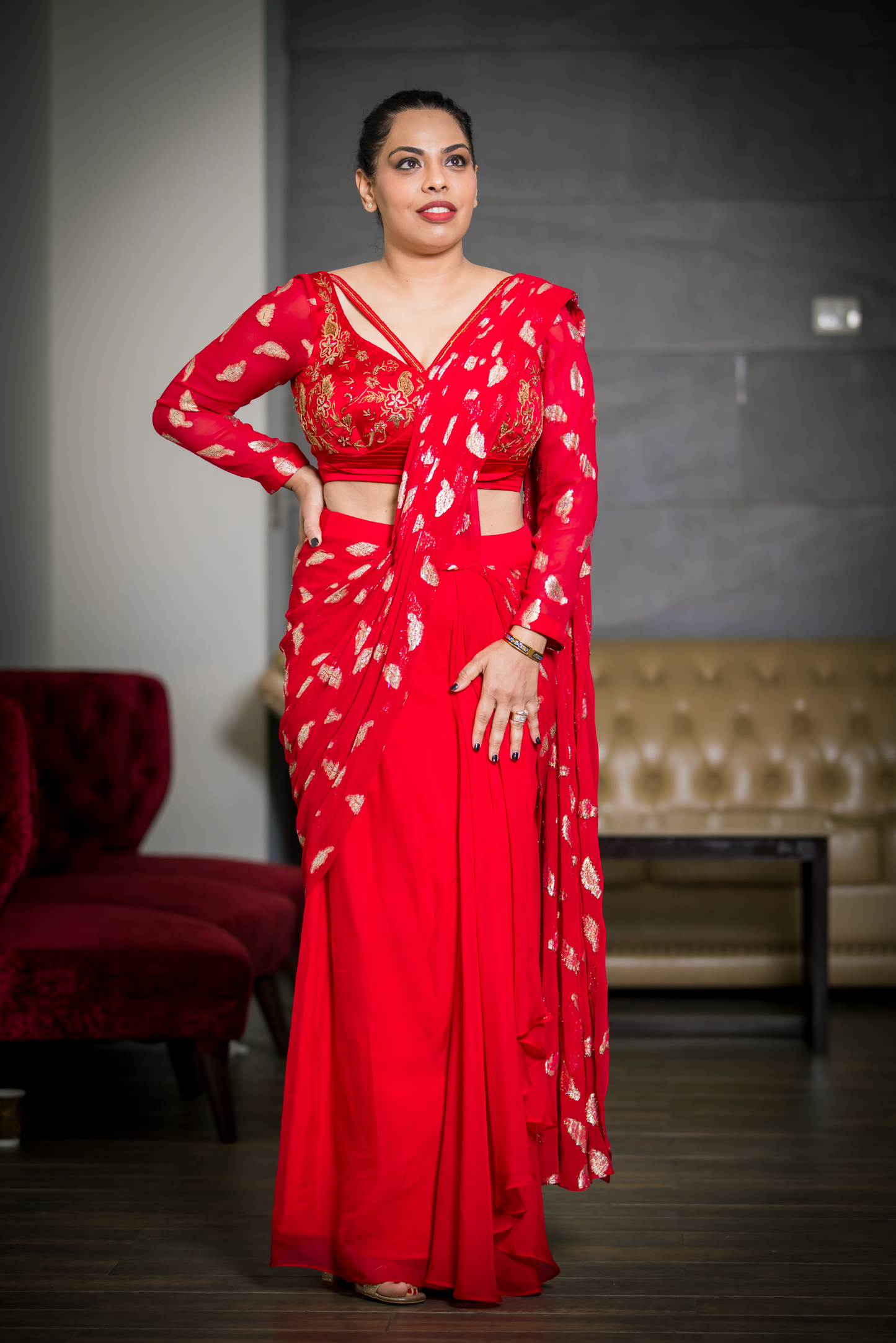 Noor - Red Lurex Saree with Hand-Embroidered Blouse – Scarlet Verse Designer Set