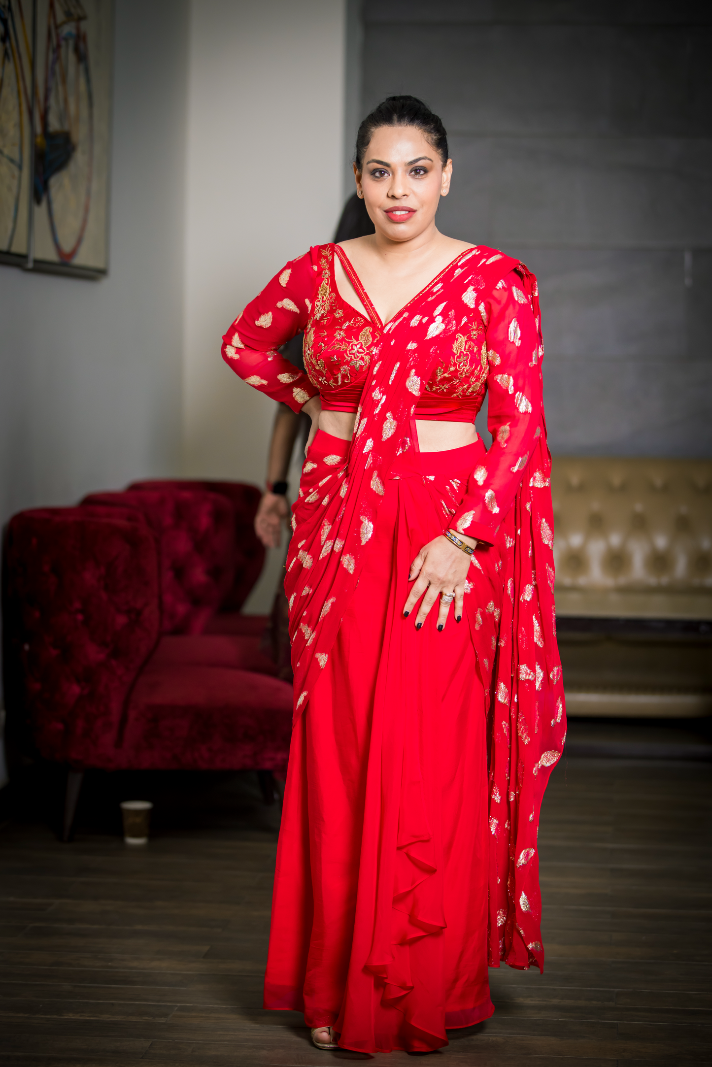 Noor - Red Lurex Saree with Hand-Embroidered Blouse – Scarlet Verse Designer Set