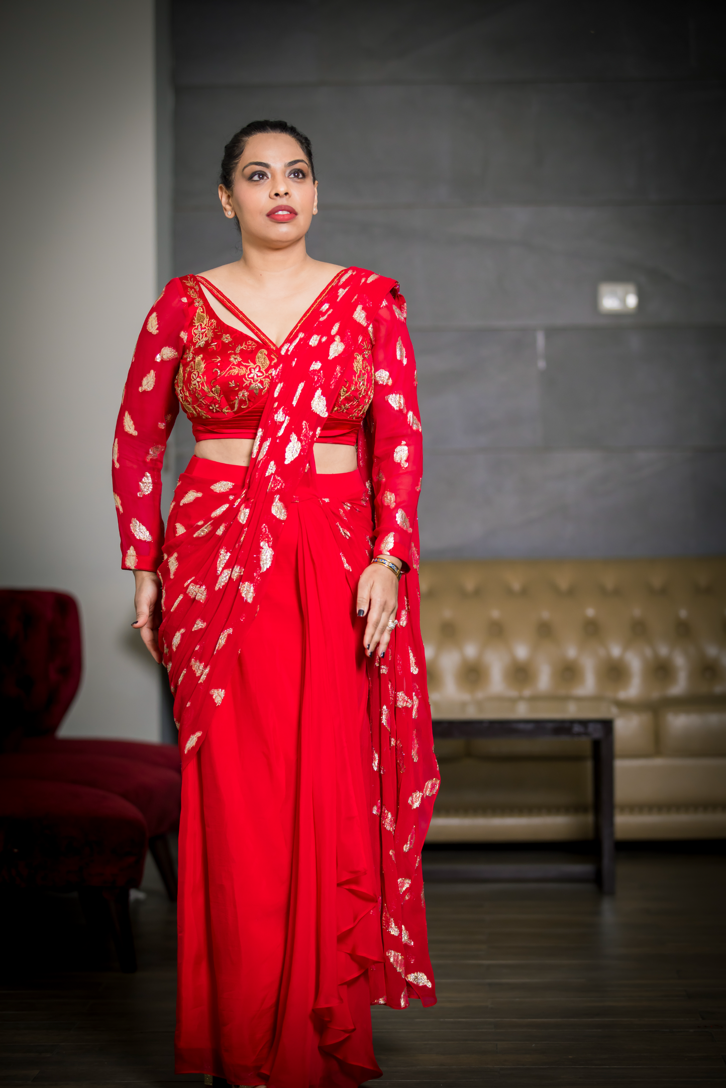 Noor - Red Lurex Saree with Hand-Embroidered Blouse – Scarlet Verse Designer Set