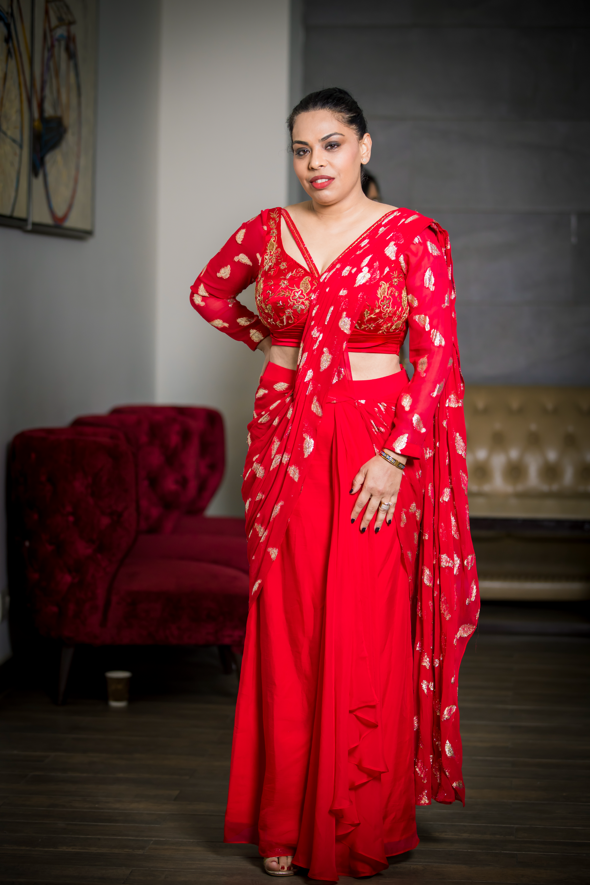 Scarlet Verse red lurex saree with hand-embroidered designer blouse – Indian wedding outfit