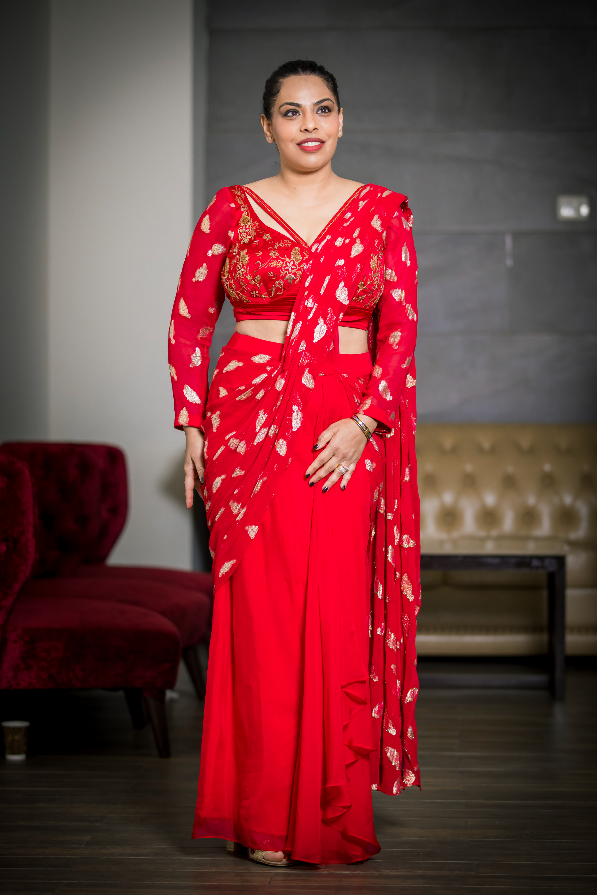 Scarlet Verse red lurex saree with hand-embroidered designer blouse – Indian wedding outfit