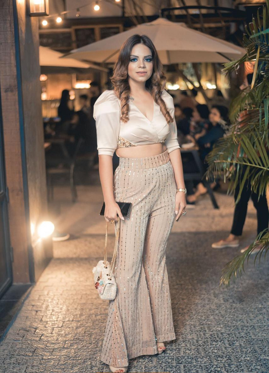 Elegant women’s sequin plazo and satin crop top set – glamorous party outfit