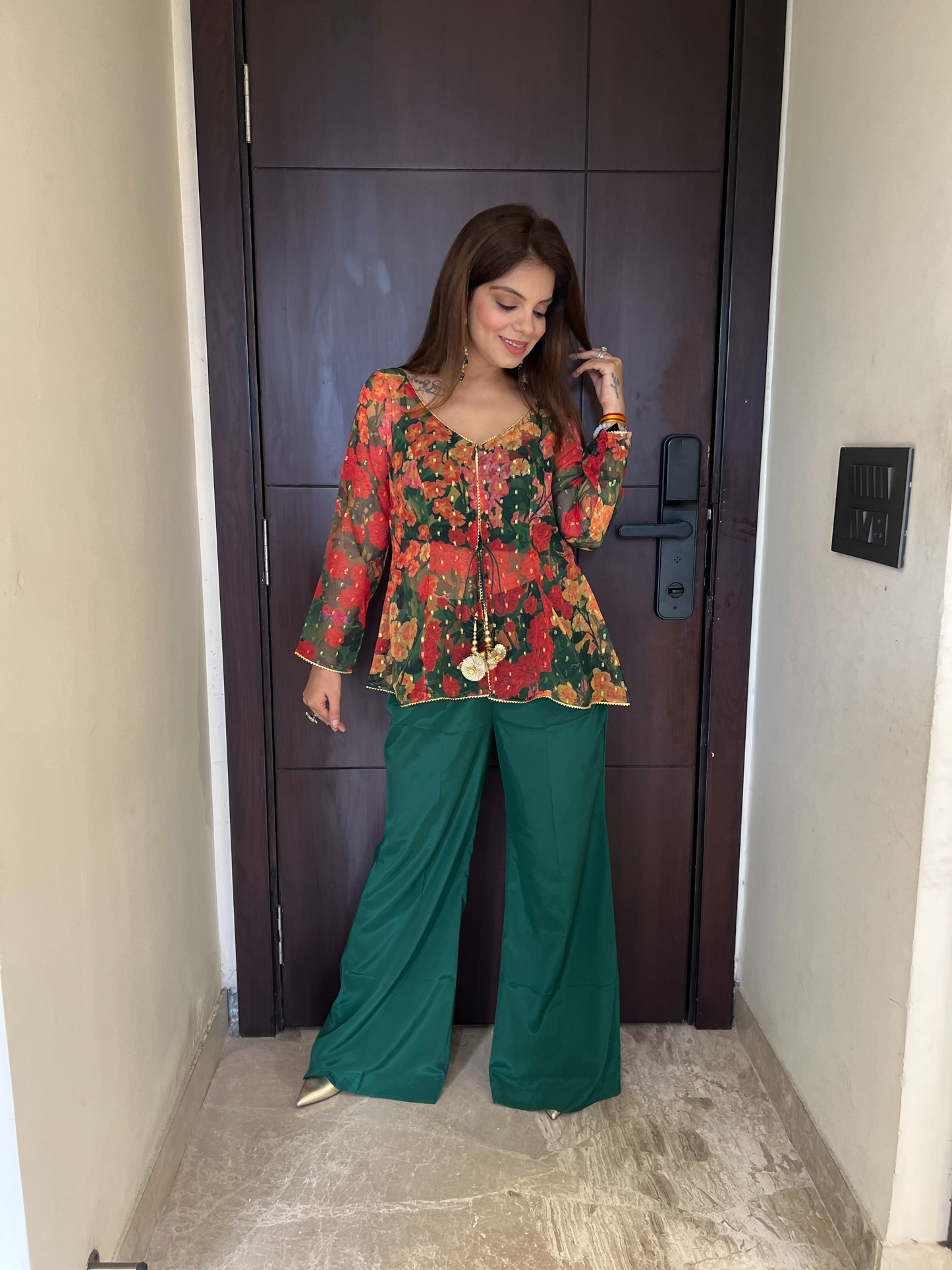 Floral red and green peplum tunic with wide-leg palazzo set – modern ethnic co-ord for festive occasions