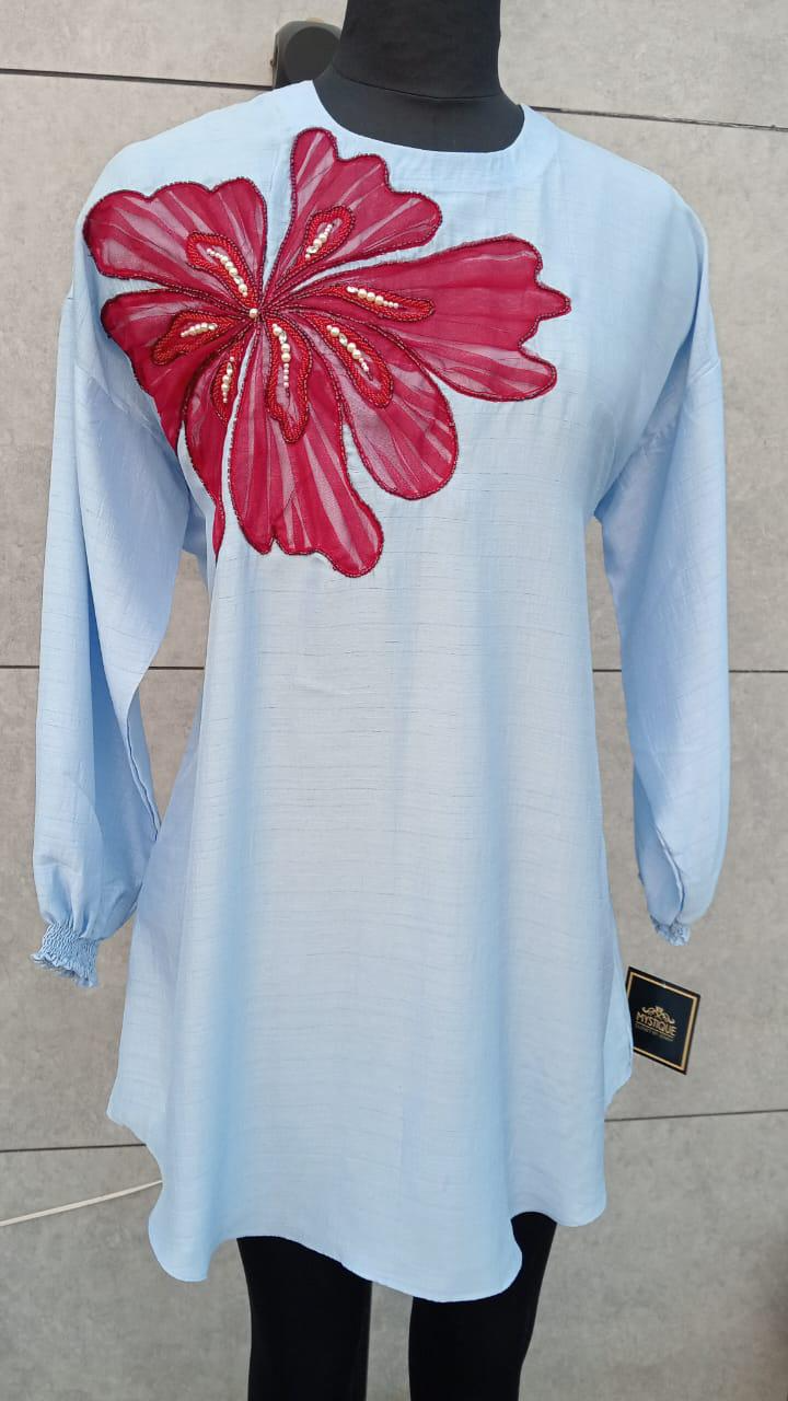 Front view of Floral Embroidery Oversized Shirt Dress for Women – relaxed and chic

