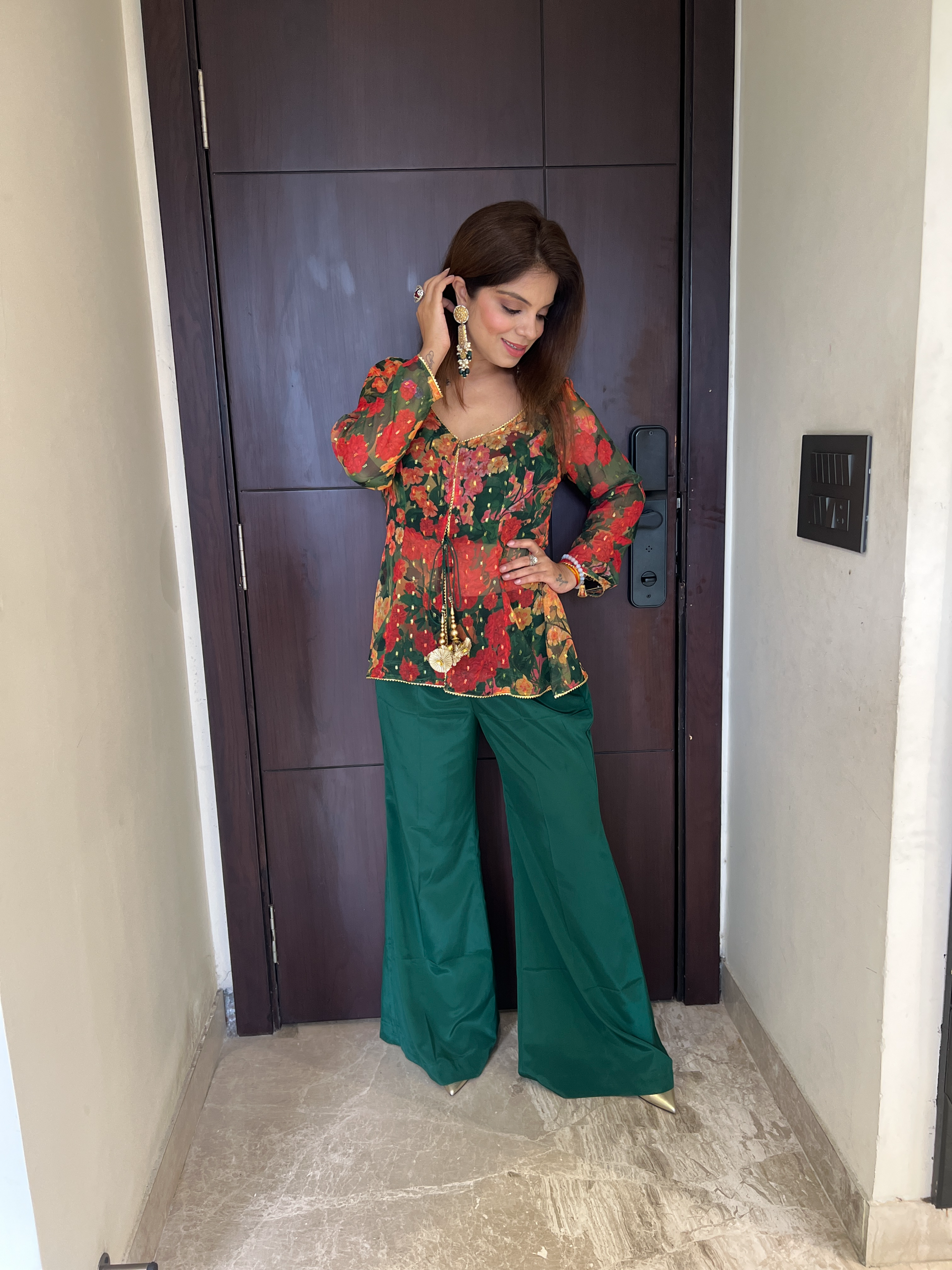 Floral red and green peplum tunic with wide-leg palazzo set – modern ethnic co-ord for festive occasions