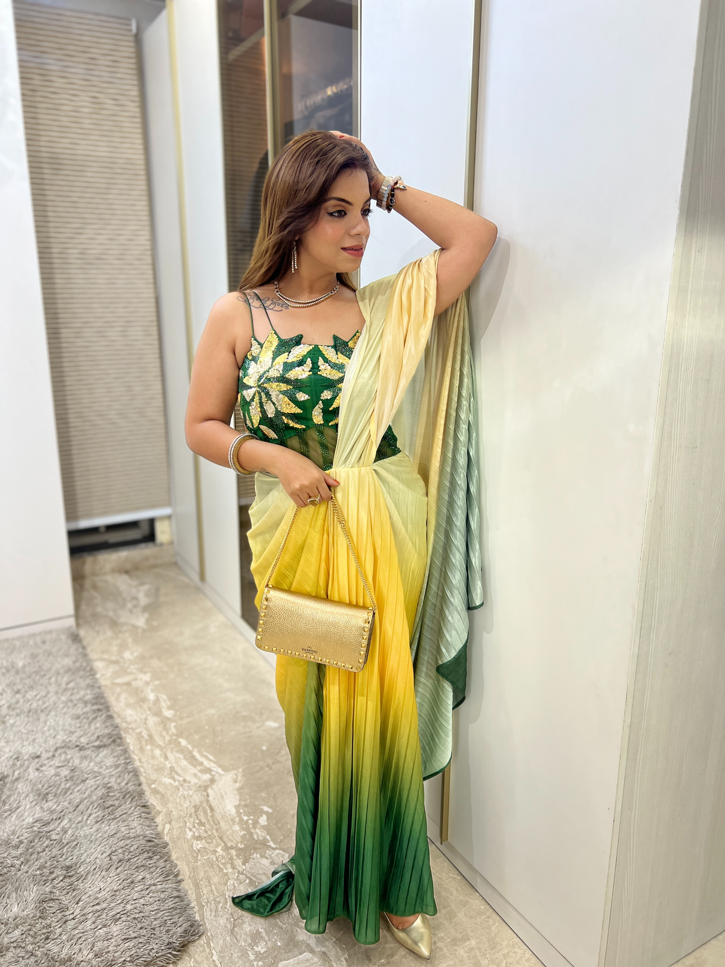 Ombre floral draped saree gown for women – fusion wear for weddings and special occasions