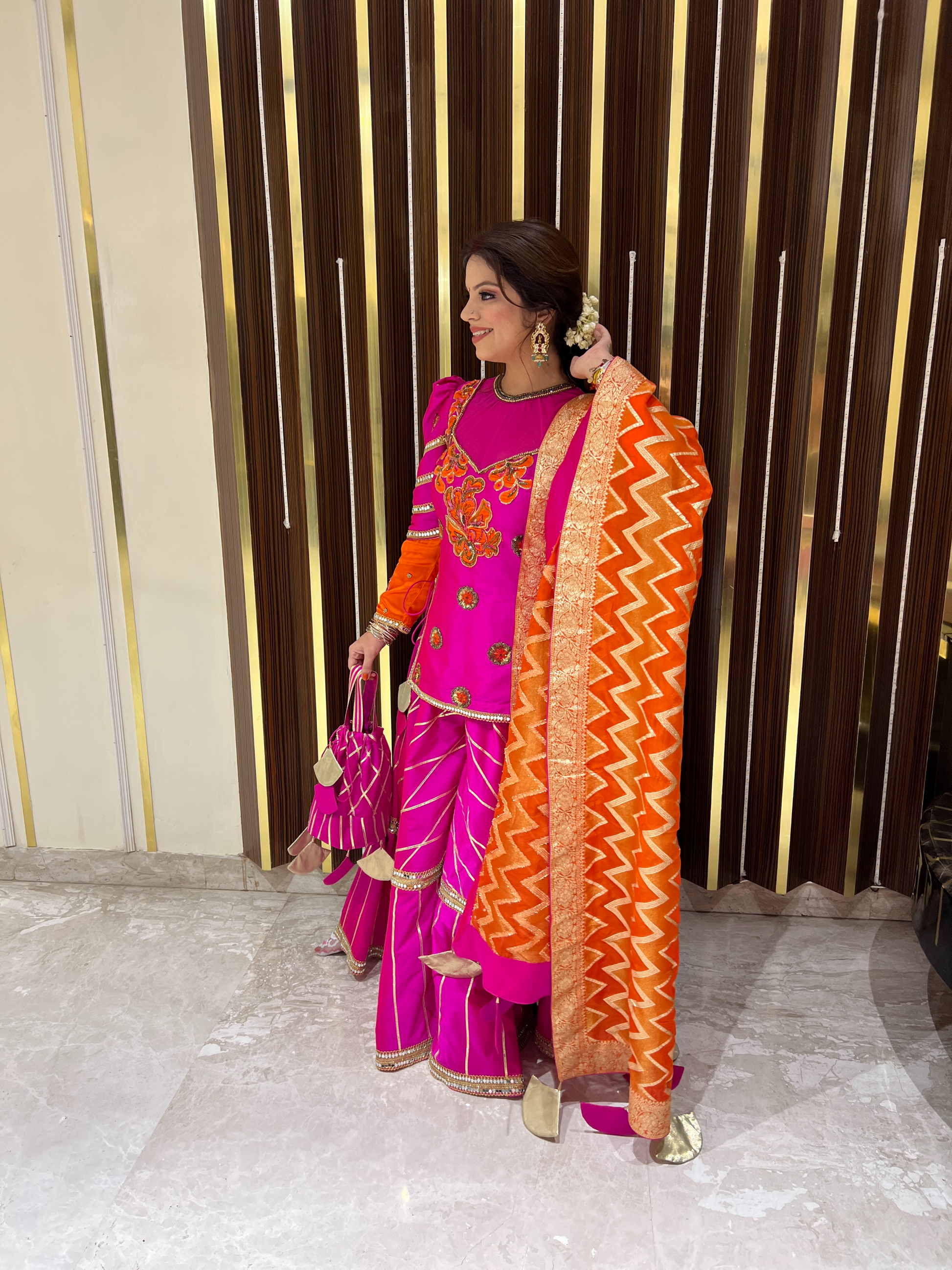 Fabric and embroidery detail of sharara outfit with sequins and zari work