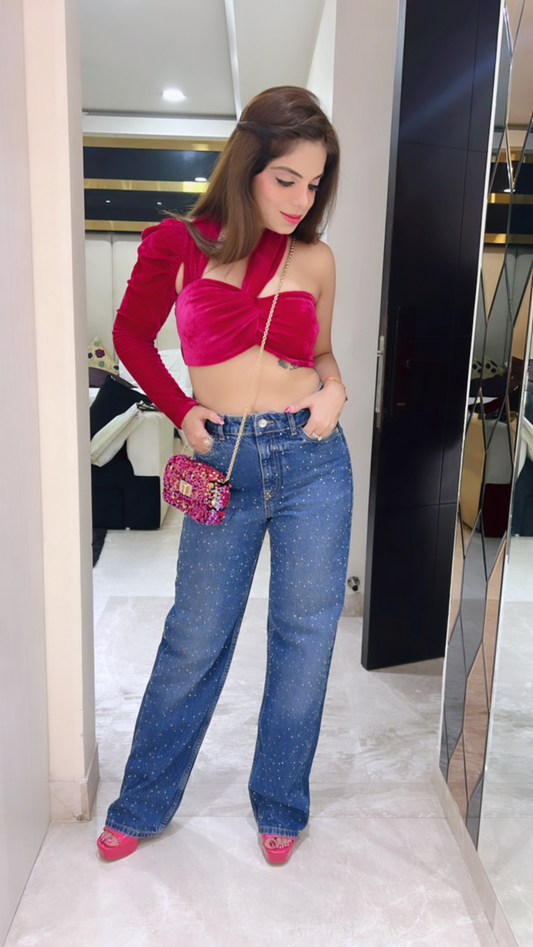 Hot pink velvet one-shoulder crop top for women – luxe and trendy partywear