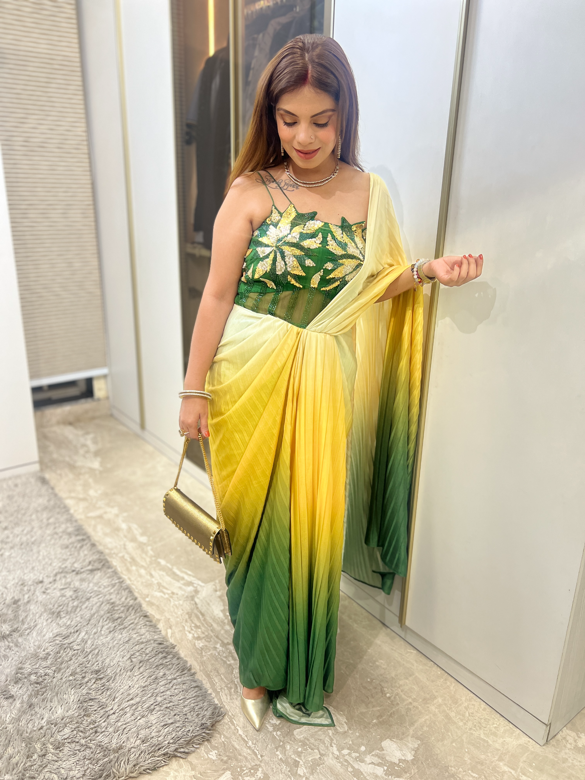 Ombre floral draped saree gown for women – fusion wear for weddings and special occasions