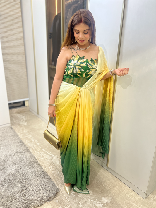 Ombre floral draped saree gown for women – fusion wear for weddings and special occasions