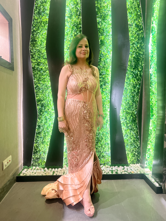 Front view of One-Sided Fish Cut Gown – elegant evening gown with one-shoulder design