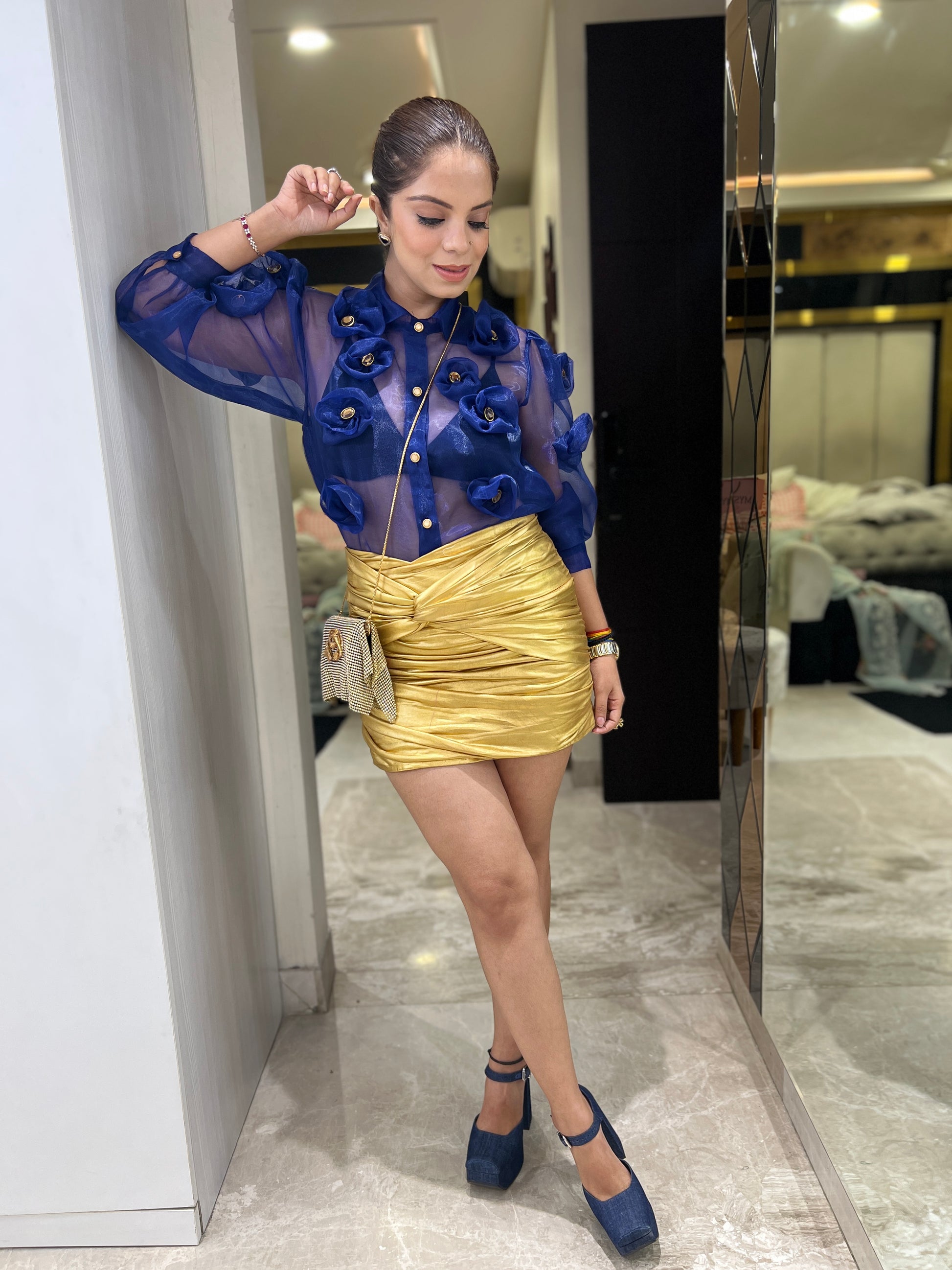 Navy Blue Sheer Organza Shirt with 3D Floral Appliqué and Gold Button Detailing – Stylish Partywear Top for Women