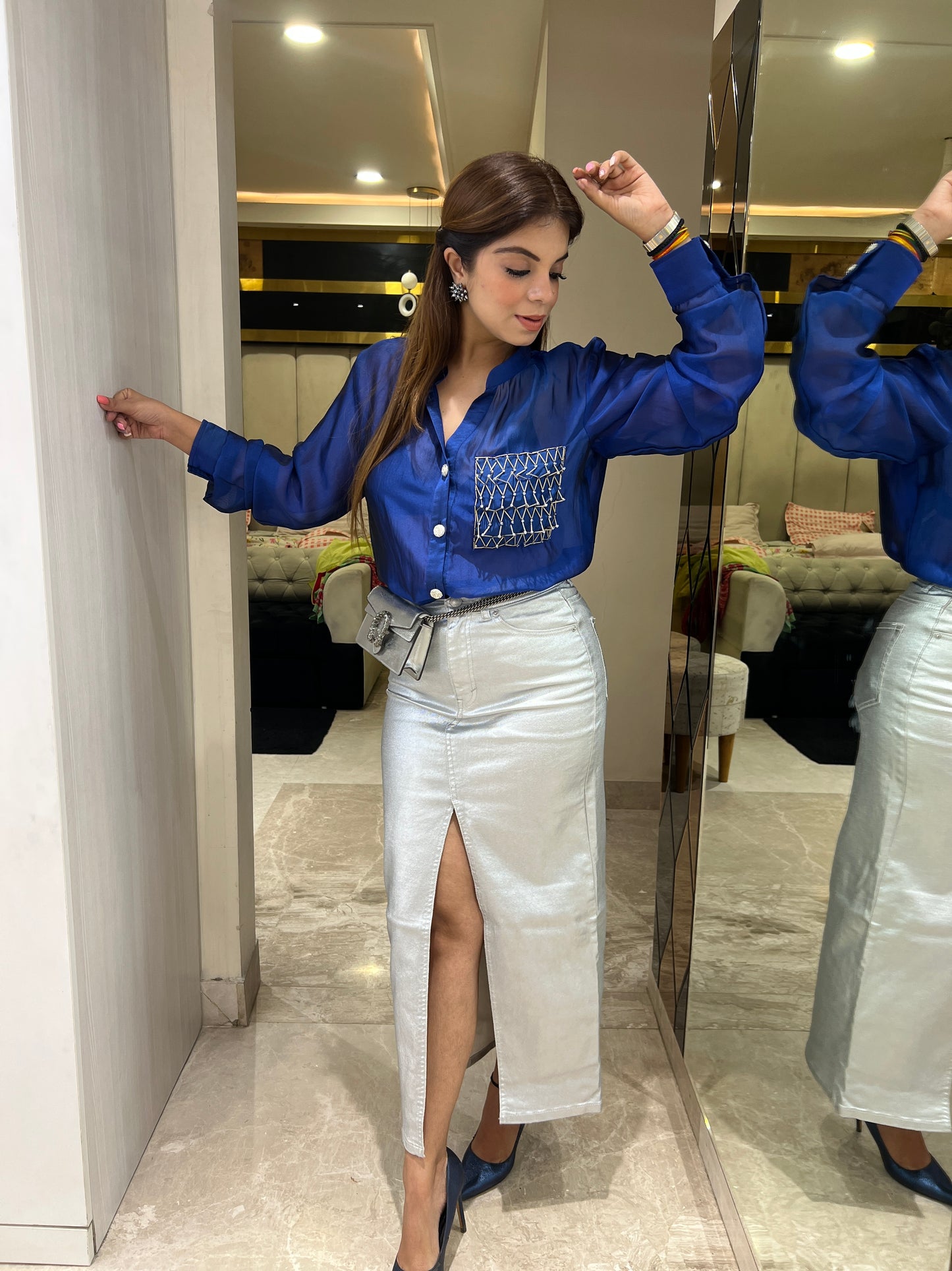 Royal blue satin shirt with embroidered pocket for women – formal & casual wear