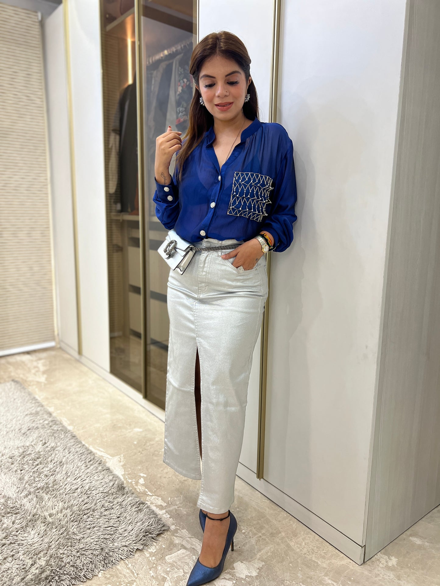 Royal blue satin shirt with embroidered pocket for women – formal & casual wear