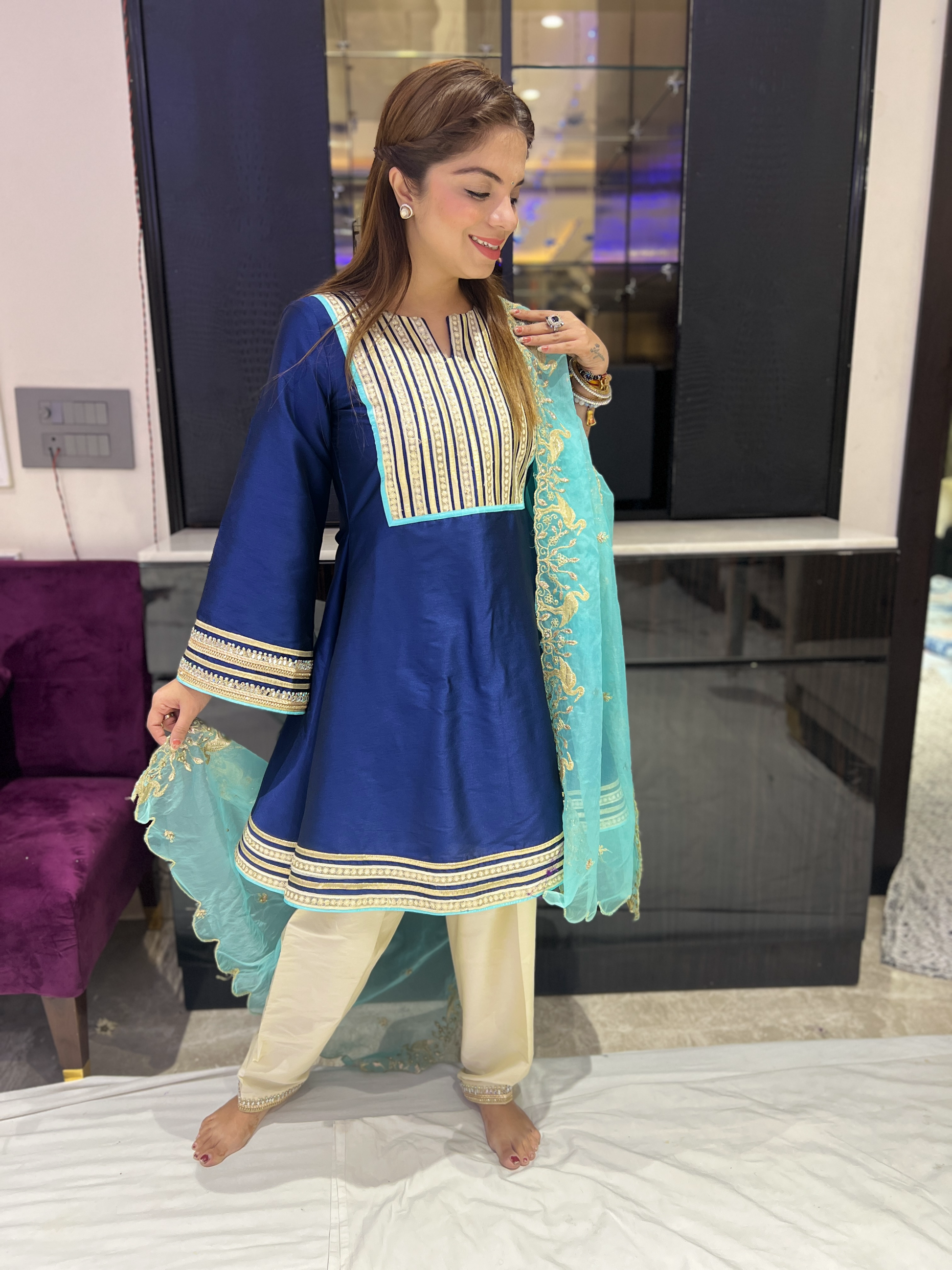 Elegant three-colour women’s suit – modern ethnic outfit for weddings and festive occasions