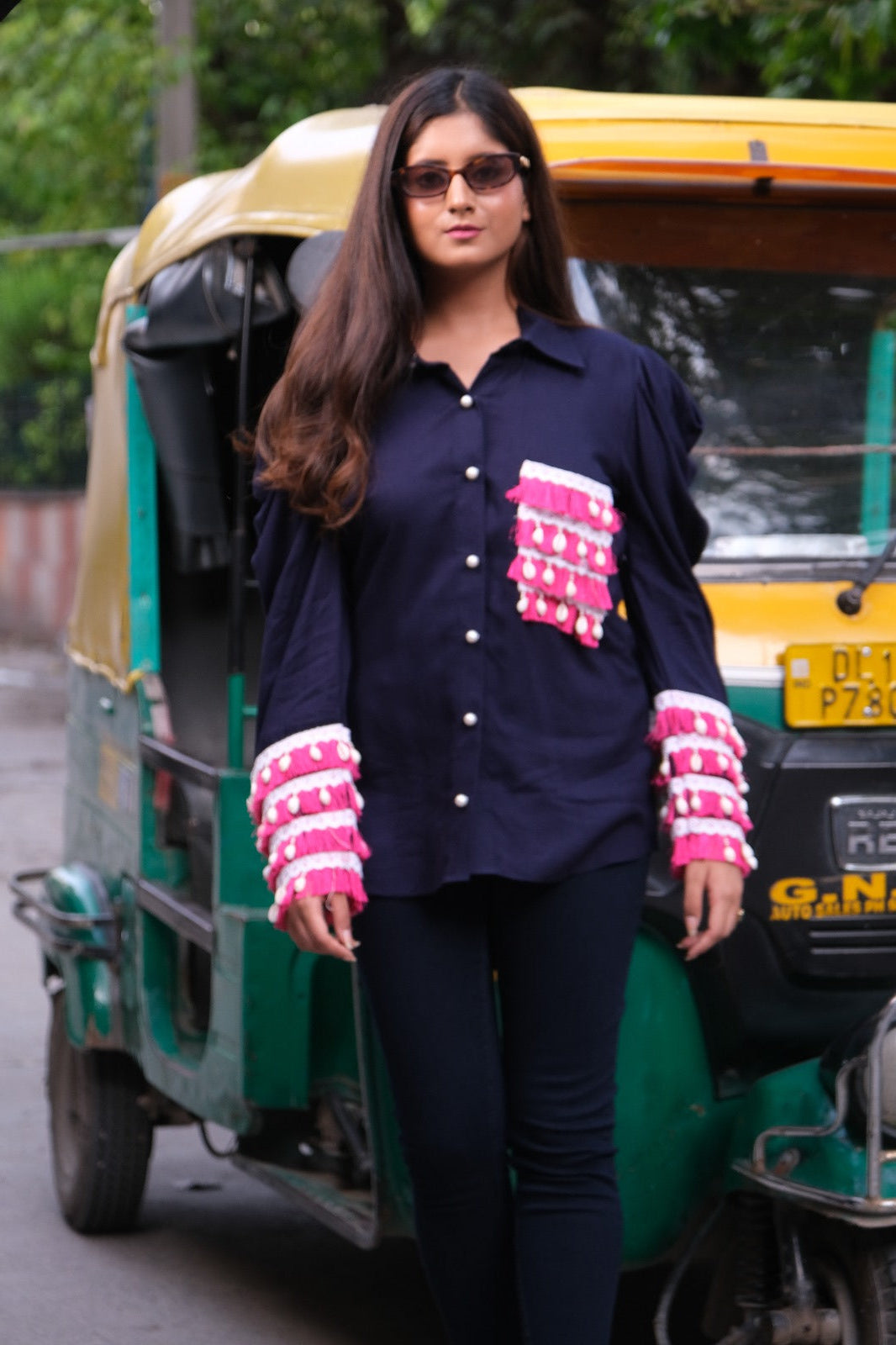 Navy oversized shirt with pink tassel and shell details for girls
