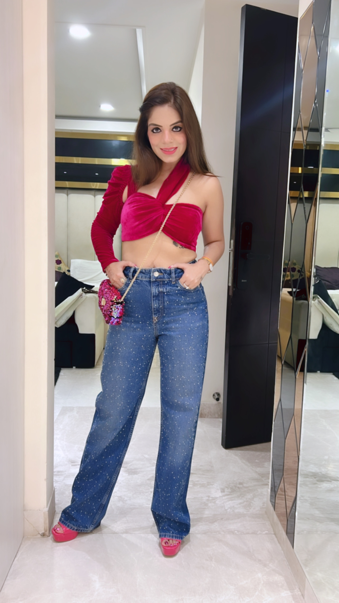 Hot pink velvet one-shoulder crop top for women – luxe and trendy partywear