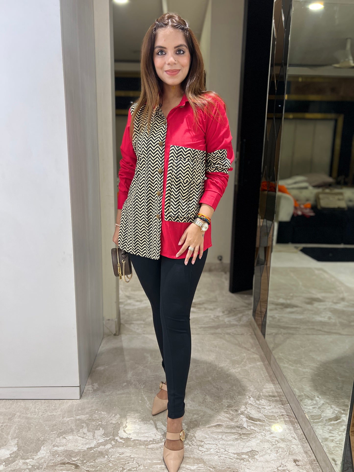 Women’s red and chevron mixed print shirt – bold fashion top