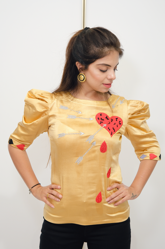 Embroidered women’s top with playing card motif – golden shirt fashion 